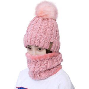 Womens Girls Winter Knit Beanie Hat and Scarf Set Warm Pom Pom Ski Set